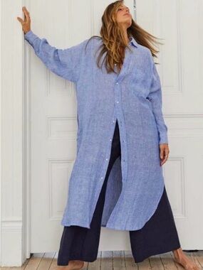 MAMÈNE Blue Linen Blend Florence Shirt Dress Lagenlook Minimalist Size (00-2)